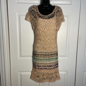 Arden B Crochet Knit Overlay Dress Women M Peach Slip Lined Y2K Boho Festival